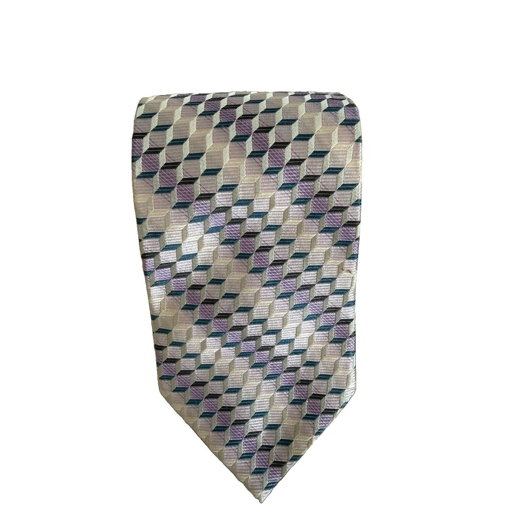Vintage Piattelli Platinum 100% Silk Geometric Necktie Made USA Designer Tie